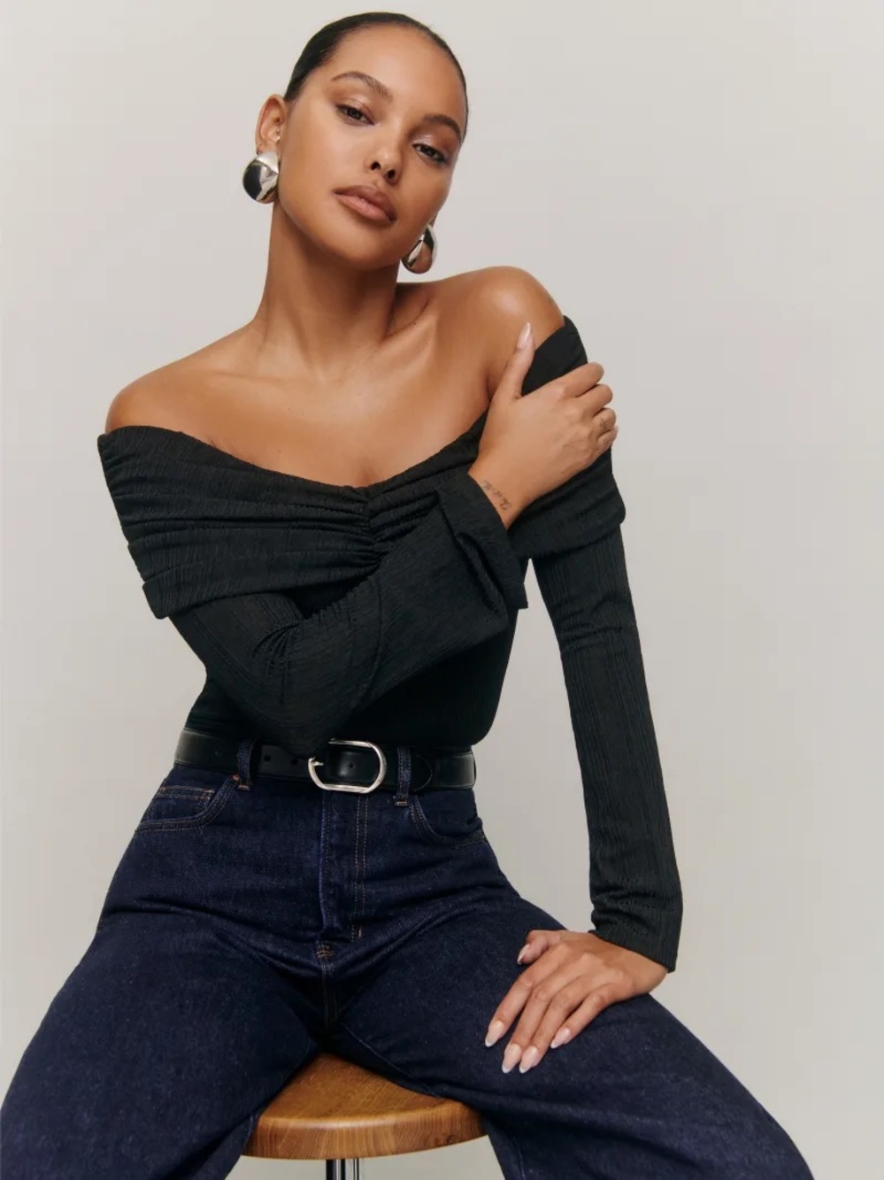 Reformation Black Off-the-Shoulder Ruched Long Sleeve Top